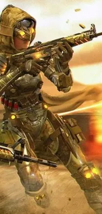 This phone live wallpaper features a dynamic image of a man flying through the air while holding a rifle, alongside an uplifting scene of a biblical female android wearing golden armor