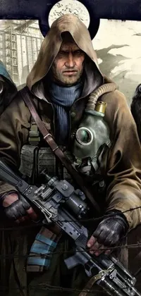 This phone live wallpaper features an intense and dark image of a man holding a gun with a group of people wearing gas masks and holding a sign that says "Revolution"
