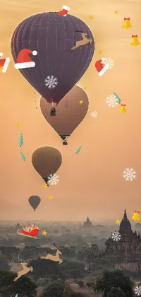 This phone live wallpaper depicts colorful hot air balloons adorned with delicate ornaments, soaring through the sky