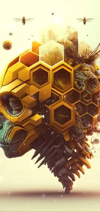 This phone live wallpaper features a detailed close-up of a human head with a bee and honeycomb design, inspired by digital art