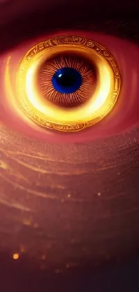 This stunning live wallpaper by Aya Goda is a work of digital art that features a close-up of an eye within a black and gold color scheme and a worm's eye view from the floor