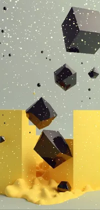 Get ready to upgrade the look of your phone with this stunning live wallpaper! Set against a black and yellow color palette, a group of cubes fly freely through the air, colliding and shattering into soft geometric shapes and metallic objects