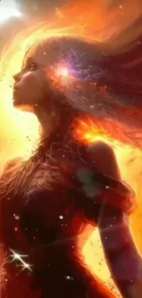 This phone live wallpaper features a powerful, divine woman in digital art form