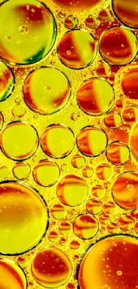 Looking for a stunning live wallpaper that will transform your phone's screen into a work of art? Check out this close-up image of oil and water mixed together taken through a microscopic lens! Featuring concentric circles in vivid red, green, and yellow hues, this high-detail, full-frame shot is sure to captivate anyone who loves abstract art or science-inspired images