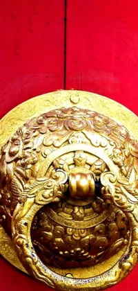 This live phone wallpaper features a stunning close-up shot of a door handle on a red Tibetan-inspired door