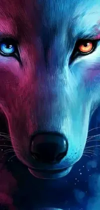 Enhance your phone's aesthetics with this stunning live wallpaper featuring a majestic wolf sporting electric blue eyes and a vibrant red nose