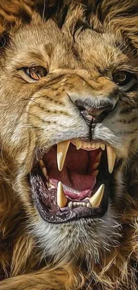 Looking for a dynamic phone wallpaper that showcases the fierce spirit of the animal kingdom? Check out this intense live lion wallpaper! With its mouth open wide, revealing rows of sharp teeth, this lion is sure to intimidate and impress