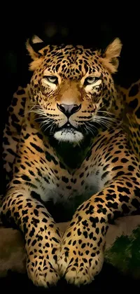 This stunning phone live wallpaper depicts a majestic leopard sitting on top of a rock in the dark night time