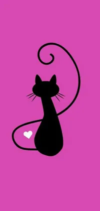 This delightful live phone wallpaper depicts a stylish black cat with a heart on a lovely pink background