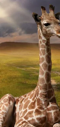 This mesmerizing live wallpaper displays a charming image of a giraffe taking a rest in a green field under cloudy skies with a bright sunbeam in the foreground