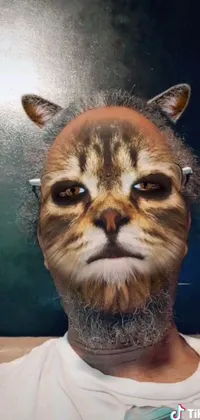 This fun and quirky live wallpaper features an amusing image of a man wearing a suit and tie with the head of a cat while a cat's face is superimposed over his own face