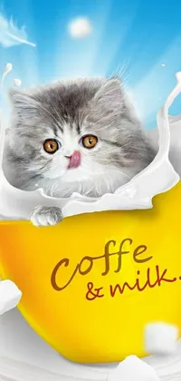 This live phone wallpaper showcases a charming cat relaxing in a steaming cup of coffee and frothy milk