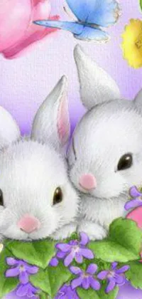 Decorate your phone screen with a charming live wallpaper featuring two adorable white rabbits snuggled in a flower-filled nest alongside colorful butterflies