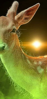 This phone live wallpaper features a breathtaking digital art close-up of a majestic deer staring at the camera against a green foliage background