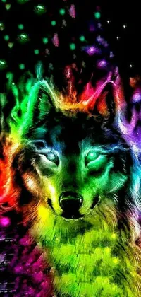 Add some life to your phone with this stunning wolf live wallpaper! Featuring a detailed and powerful wolf against two distinct backgrounds - a vibrant, rainbow-colored backdrop filled with joy and playfulness, and a stark black background that exudes a sense of raw energy and power