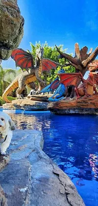 This stunning live wallpaper features a cute white dog sitting on a rock next to a beautiful pool in a whimsical fantasy resort