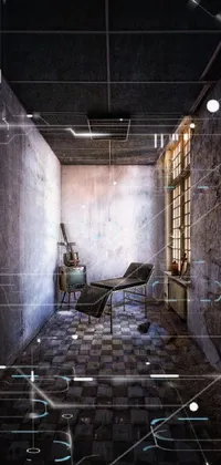 This live phone wallpaper depicts an abandoned hospital room with a chair and table against a backdrop of massurrealism