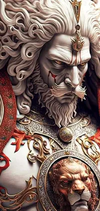 The phone live wallpaper depicts an intricately painted statue of a bearded man, inspired by fantasy art and mythology