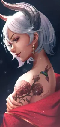 This phone live wallpaper showcases a stunning woman with a mesmerizing silver and crimson tattoo on her shoulder