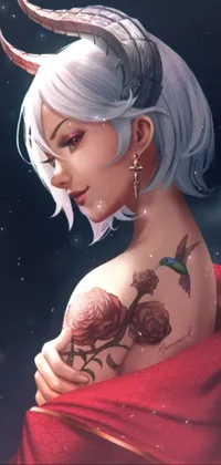 This stunning phone live wallpaper features a portrait of a woman with a beautiful tattoo on her shoulder