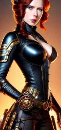 This phone live wallpaper features a confident, gun-toting woman in steampunk superhero style