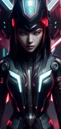 This phone live wallpaper features a stunning portrait of a female humanoid in a futuristic suit, standing against a background of vibrant neon lights