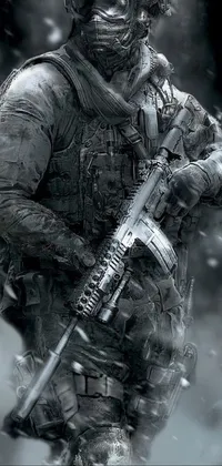 This phone live wallpaper features stunning digital art of a soldier carrying a rifle, set against a snowy landscape