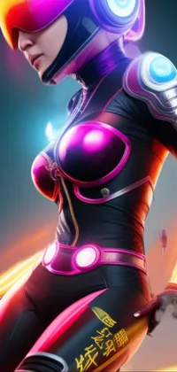 This phone live wallpaper is a striking depiction of a female in a futuristic suit with neon visor and headphones