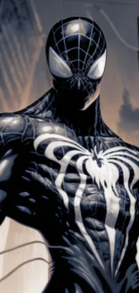 This phone live wallpaper features Spider-Man in his sleek black armor standing in a bustling city