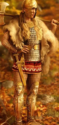 This incredible phone live wallpaper showcases a powerful female warrior dressed as a Viking standing in the midst of a lush autumnal forest