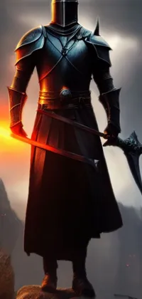 Get ready for battle with this stunning phone live wallpaper! A valiant knight stands atop a rocky terrain holding a fiery sword, surrounded by orange and yellow flames
