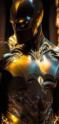 This phone live wallpaper features a detailed close-up shot of a Batman costume