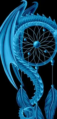 This phone live wallpaper showcases a stunning blue dragon dream catcher with delicate feathers on its side set against a black background