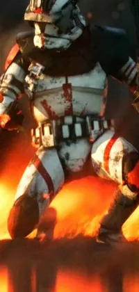 This 4K live wallpaper features a dynamic scene of a Star Wars action figure in white and red body armor, with a stormtrooper helmet, standing in front of a flickering fire