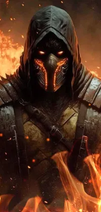 Bring the apocalypse to your phone with a striking live wallpaper featuring a masked hero with an orange balaclava standing in front of a raging fire