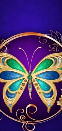 This exquisite phone live wallpaper depicts a breathtakingly detailed butterfly in vibrant shades of blue and green against a luxurious, deep purple background