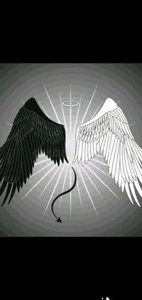 This live wallpaper showcases a biblically accurate angel with black and white wings that face each other