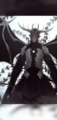 This live wallpaper features a powerful depiction of a muscular, horned demon with black wings instead of arms, standing on rocky terrain with waves crashing in the background