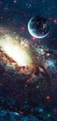 This phone live wallpaper showcases a beautiful galaxy with two planets in the backdrop