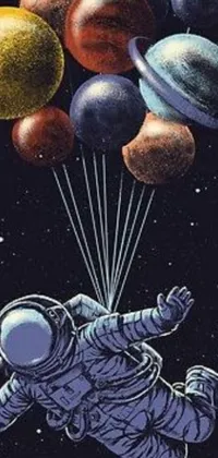 This phone live wallpaper depicts an astronaut floating amidst a bustle of balloons, set against a backdrop of vibrant poster art