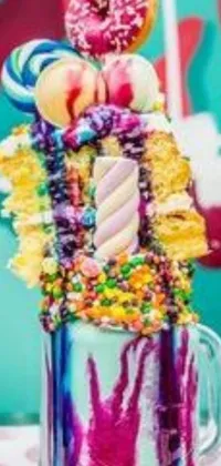 Bring some vibrance and fun to your phone's background with this colorful cake live wallpaper! The image features a cake adorned with sweets and treats resting on a table, with a portrait in the background
