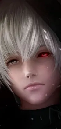 This mobile live wallpaper showcases a hooded character sporting blood-red eyes, silver hair, and exaggerated facial features creating a sense of darkness and mystery