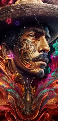 This spectacular live wallpaper depicts a mesmerizing sight of a man wearing a traditional hat adorned with intricate and colorful patterns, inspired by the Day of the Dead celebrations