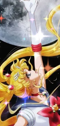 This phone live wallpaper features an anime-inspired design of a woman in a Sailor Moon costume, holding up a diamond in front of a full moon
