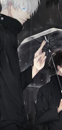 This live phone wallpaper features an artwork of two individuals standing under an umbrella in the rain