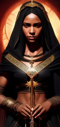 This live wallpaper features a mysterious female warrior donning black attire holding a sword with Egyptian inspired artwork