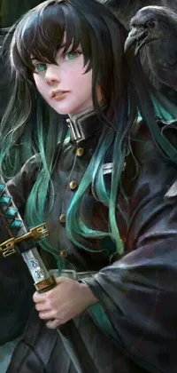 This vibrant phone live wallpaper showcases a stunning anime drawing of a sword-wielding warrior woman with green hair