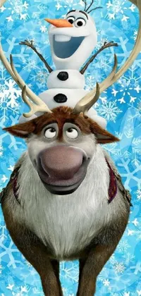 This phone live wallpaper depicts a close-up of a reindeer with a snowman sitting on its head
