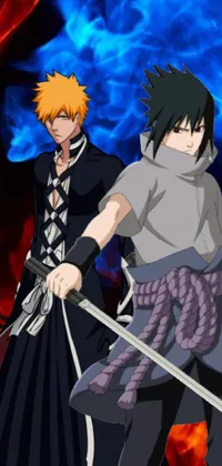 This is a live wallpaper featuring two anime characters standing together in preparation for a fight