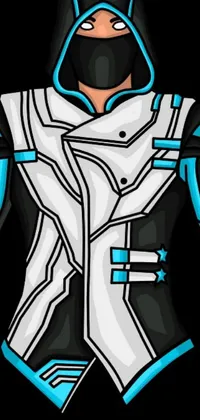 This live wallpaper features a stunning, futuristic-themed design of a man dressed in a unique blue and white costume with a distinct mechanic-punk outfit, set against a black and cyan color scheme